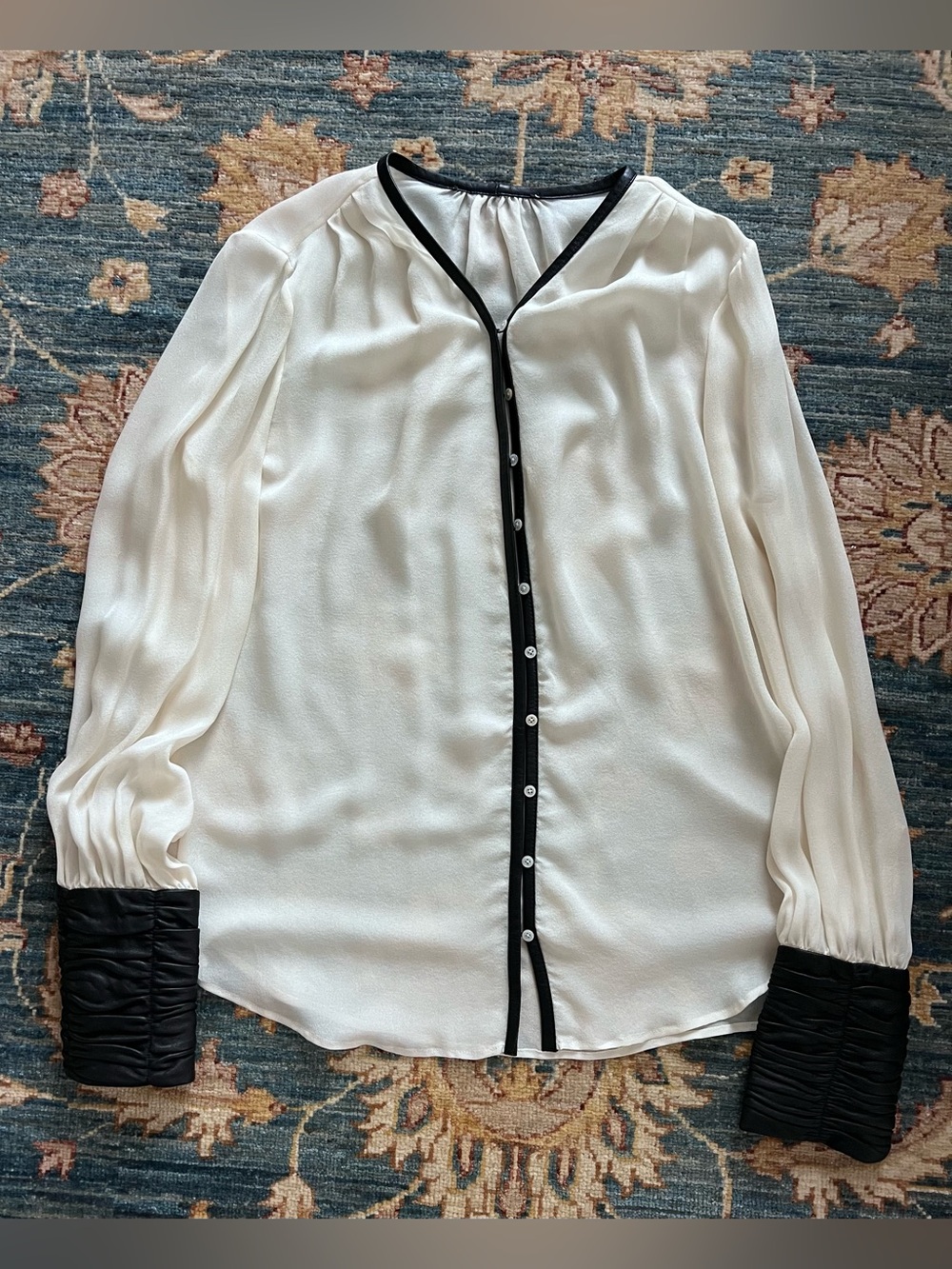 Elizabeth & James Cream Silk Blouse with Leather Trim